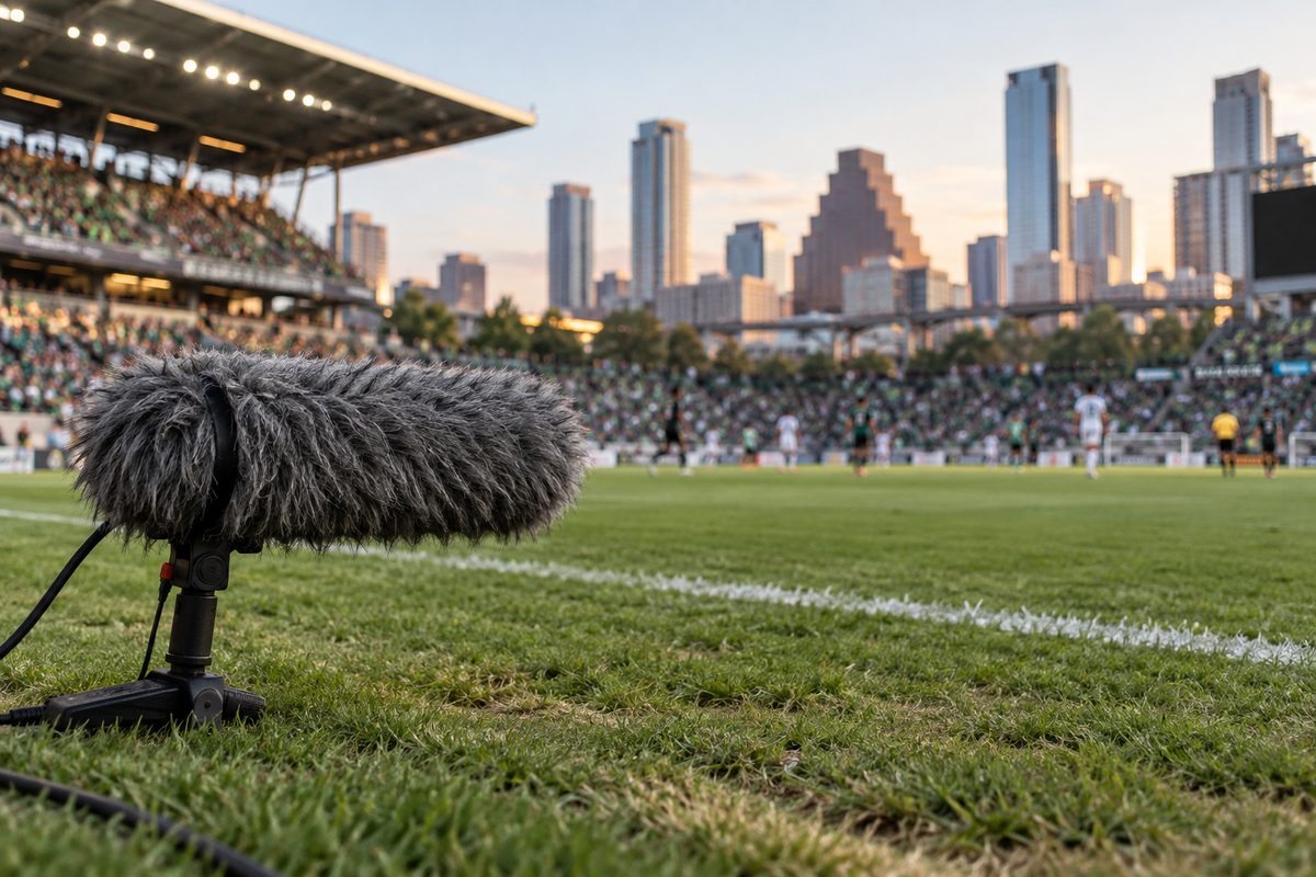 Directional sideline shotgun microphone with windshield for matchday audio recording.