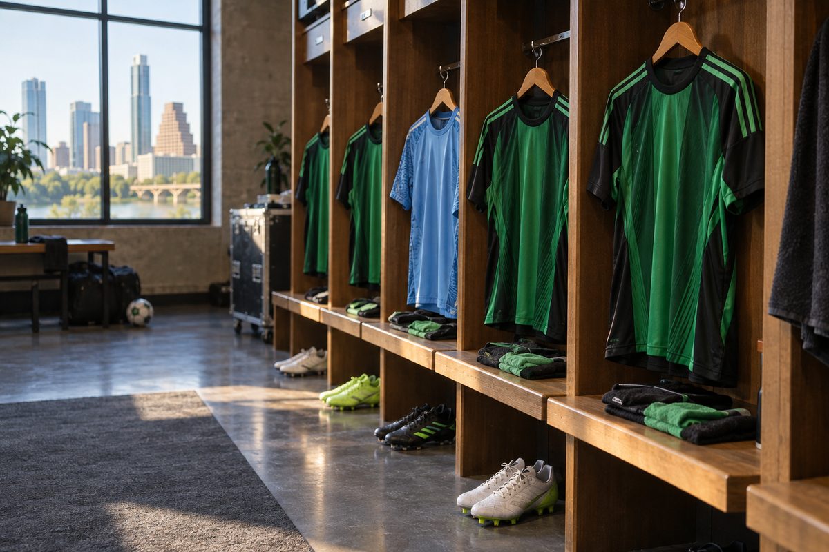 Numbered soccer team jerseys hanging neatly in locker room stalls before kickoff.