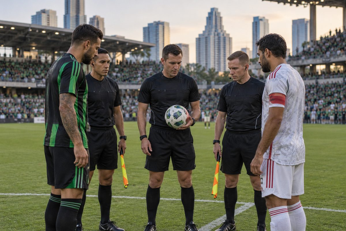 Referees and team captains assembled at the center circle for the pre-match coin toss.