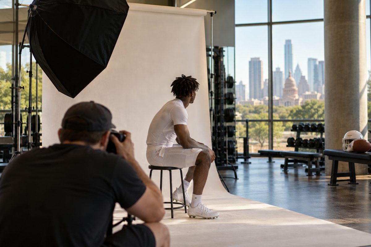 Studio softbox and backdrop set up for player media day portraits.